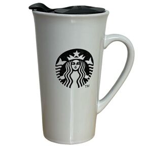 STARBUCKS White ceramic travel mug with black etched logo on mug